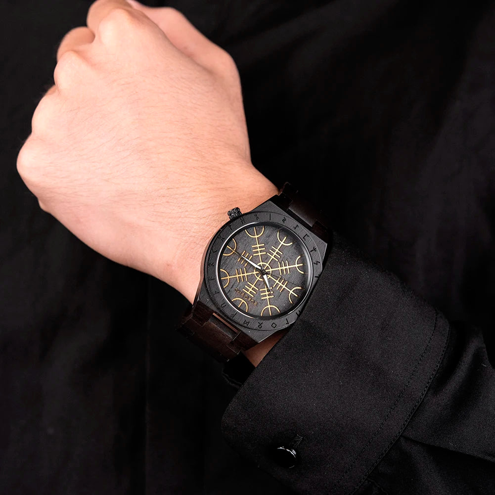 BOBO BIRD Viking Wooden Watches Top Japanese Quartz Movement Wristwatch Unique Men Watch with Helm of Awe Runic Circle Gift Box