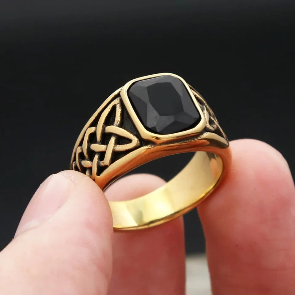 Fashion Vintage Nordic Vikings Knot Rune Rings For Men Women Stainless Steel Square Red Stone Ring Party Jewelry Gifts Wholesale
