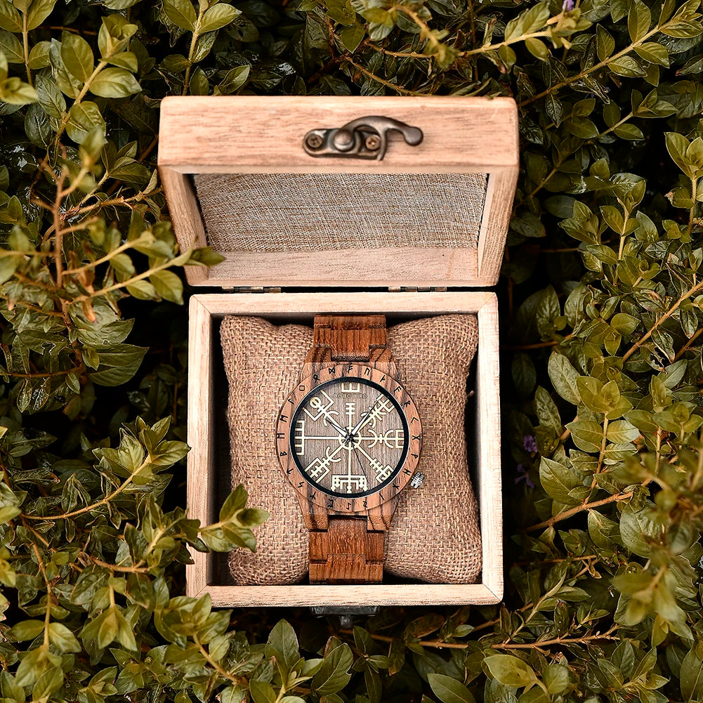 BOBO BIRD Viking Wooden Watches Top Japanese Quartz Movement Wristwatch Unique Men Watch with Helm of Awe Runic Circle Gift Box