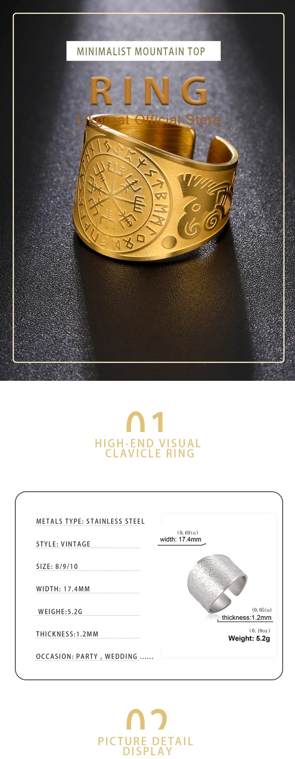 LIKGREAT Viking Compass Vegvisir Ring Helm of Awe Nordic Rune Scandinavian Amulet Stainless Steel Jewelry New Year Gift