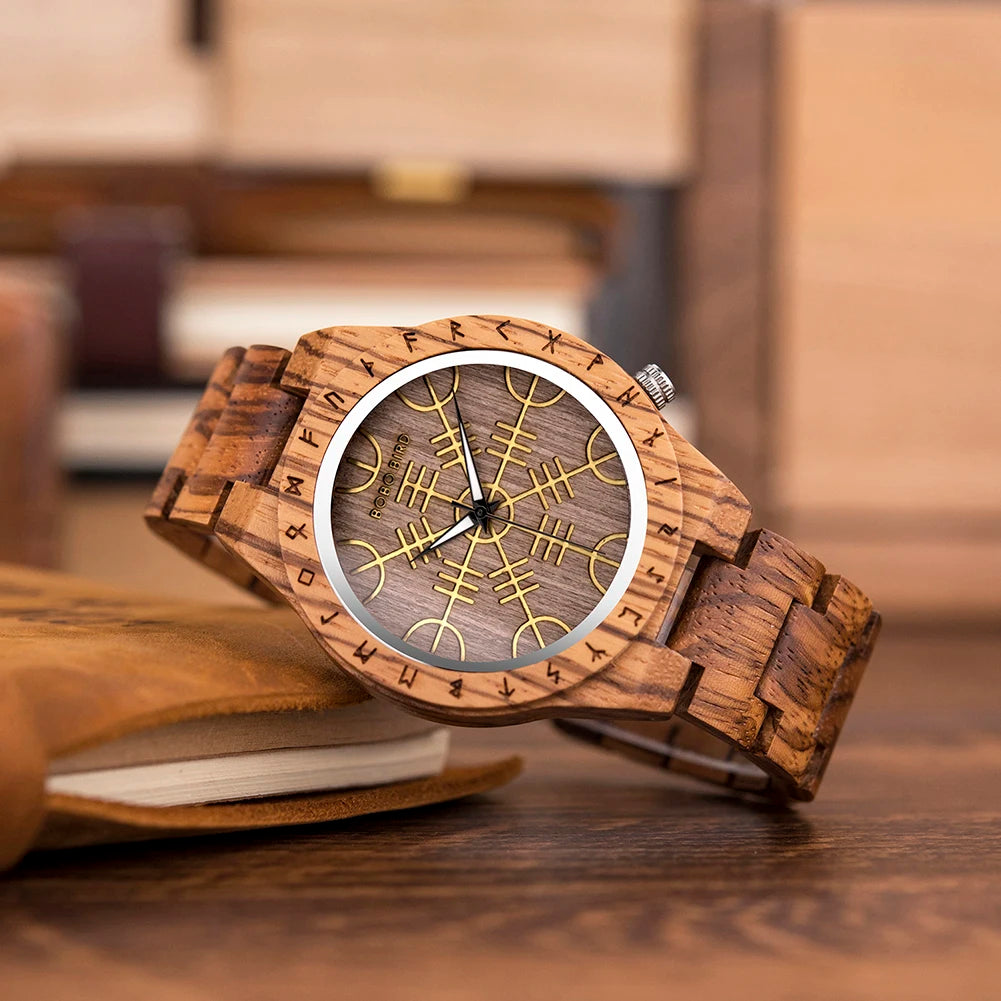 BOBO BIRD Viking Wooden Watches Top Japanese Quartz Movement Wristwatch Unique Men Watch with Helm of Awe Runic Circle Gift Box