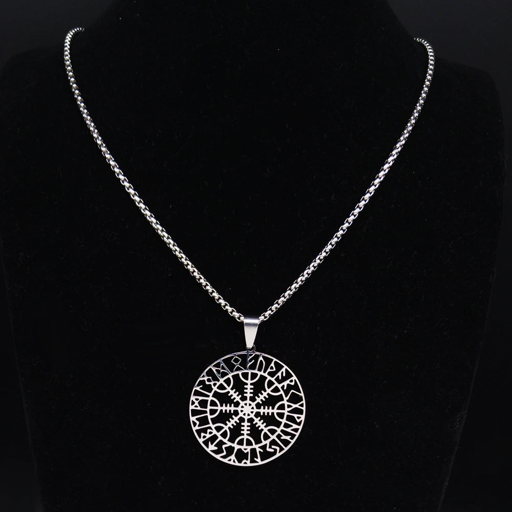 Viking Compass Helm Rune Amulet Necklace Silver Color Stainless Steel Symbol of Protection Necklace Pagan Jewelry N7024S01