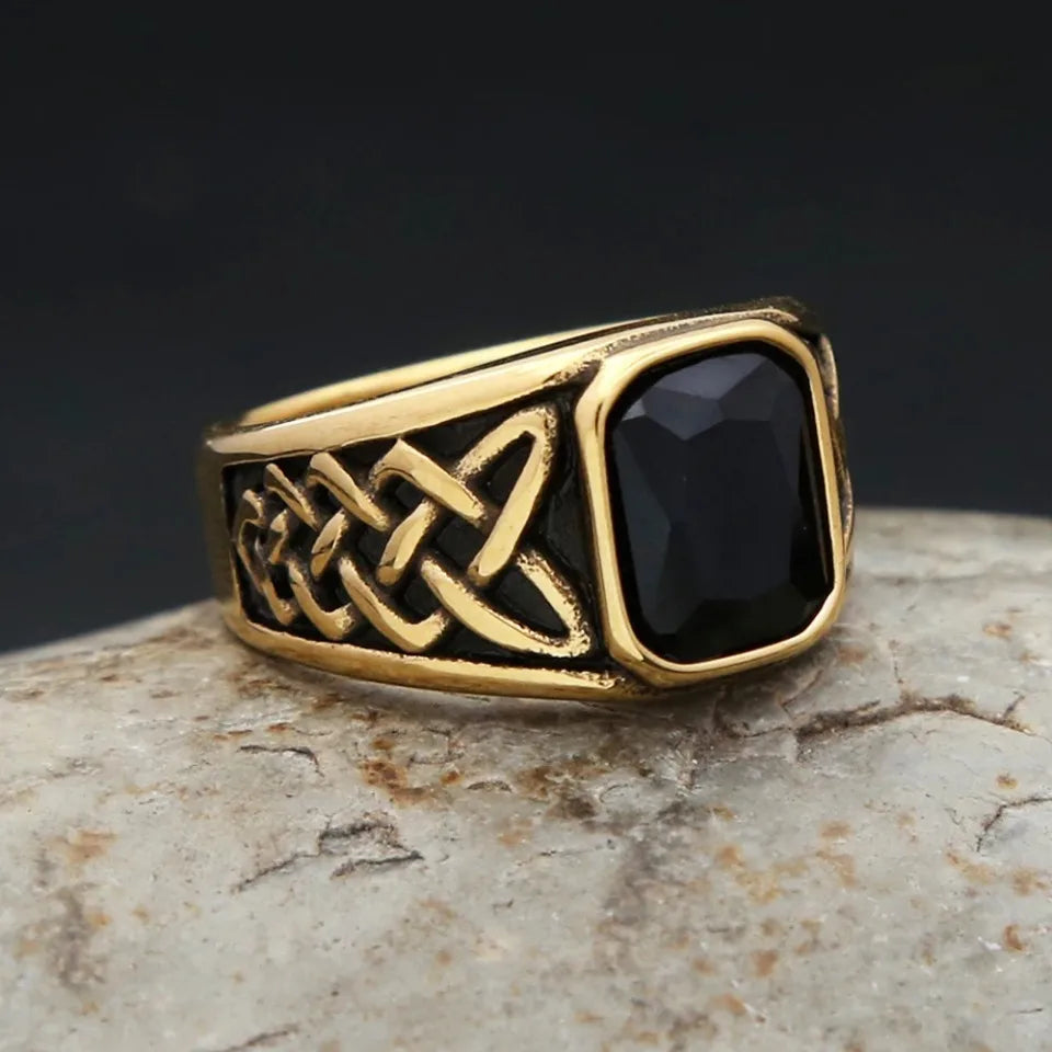 Fashion Vintage Nordic Vikings Knot Rune Rings For Men Women Stainless Steel Square Red Stone Ring Party Jewelry Gifts Wholesale