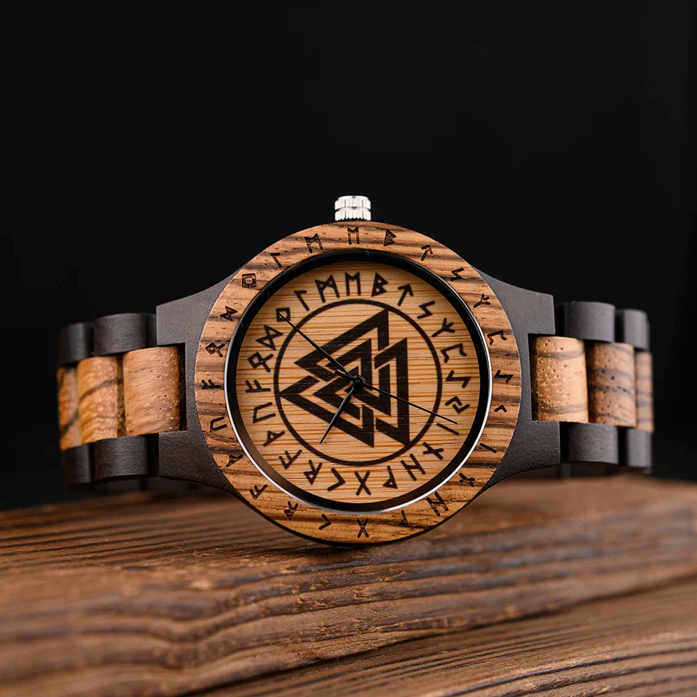 BOBO BIRD Viking Wooden Watches Top Japanese Quartz Movement Wristwatch Unique Men Watch with Helm of Awe Runic Circle Gift Box