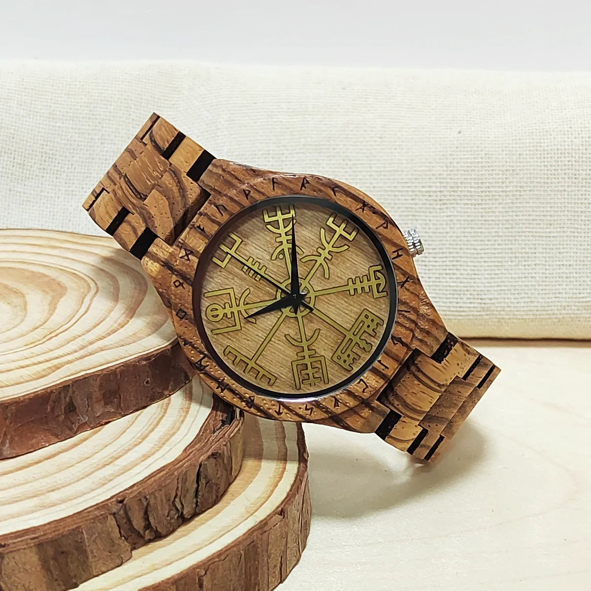 Men's Wooden Wrist Watches Viking Symbol Element Clock Personalized Anniversary Gift for Husband Man Wood Quartz Wristwatches