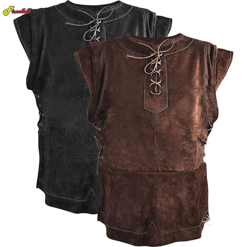 Mens Medieval Punk Vest Punk Cosplay Archer Costume Adult Chest Body Armor Suede Larp Outfit Jerkin Coat Halloween For Men