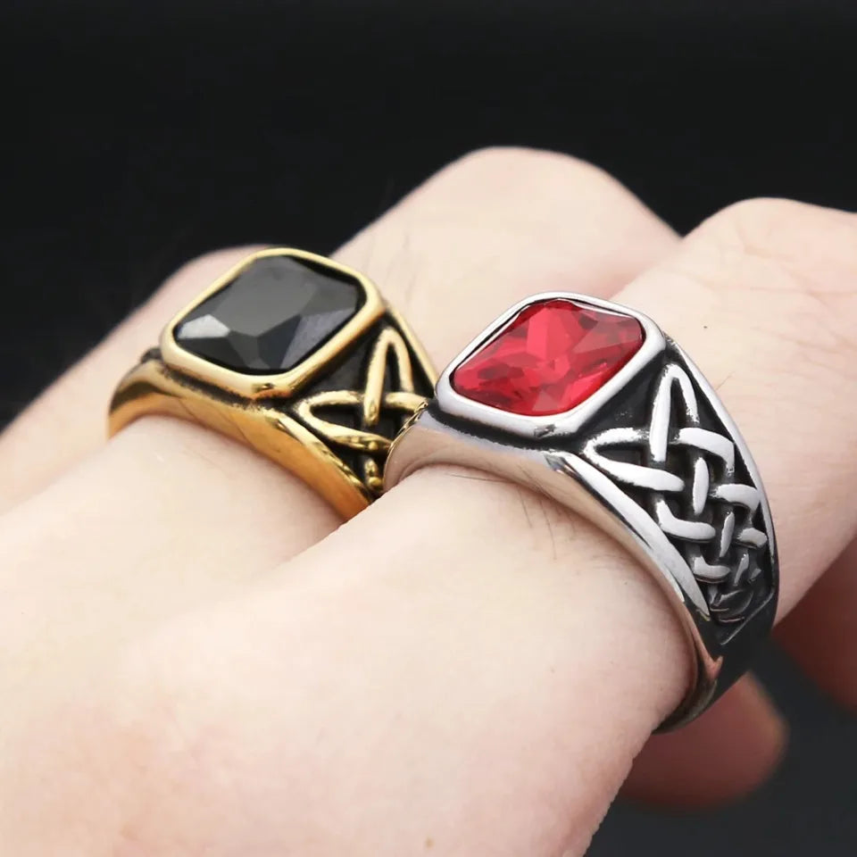 Fashion Vintage Nordic Vikings Knot Rune Rings For Men Women Stainless Steel Square Red Stone Ring Party Jewelry Gifts Wholesale