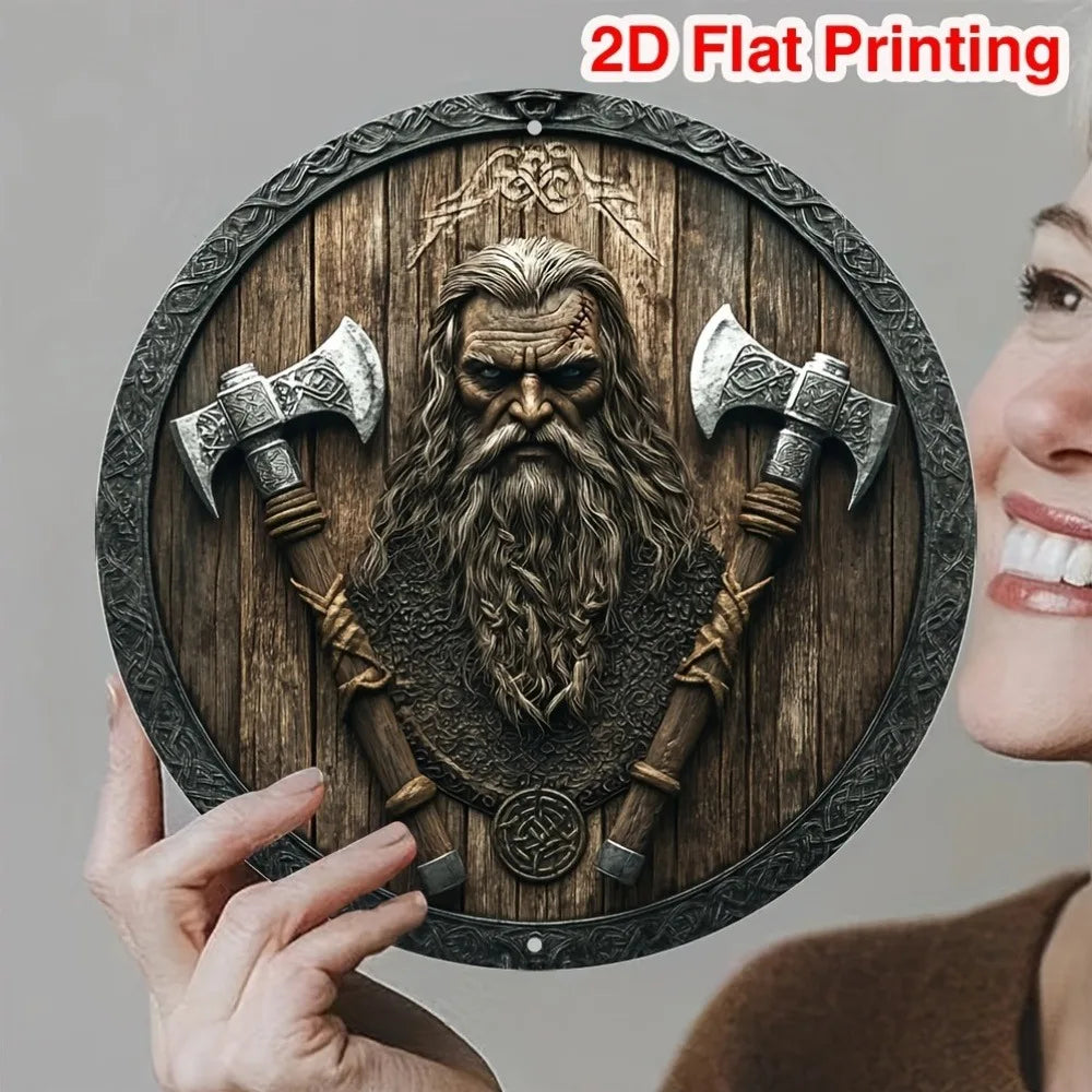 Viking Shield Aluminum Wall Art - 8x8" Round 2D Flat, Axe Design Nordic Decor for Home Office, Halloween Gift