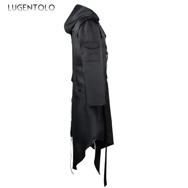 Men Gothic Steampunk Jacket Halloween Tailcoat Cosplay Hooded Assassin Costume Medieval Viking Warrior Zipper Black Coat 5XL