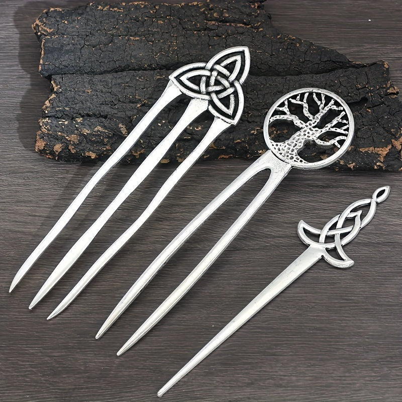 1pc Vintage Viking Style Hairpin Tree Of Life Hairpin Celtic Knot Crescent Moon Silvery Hair Stick Hair Accessories For Women