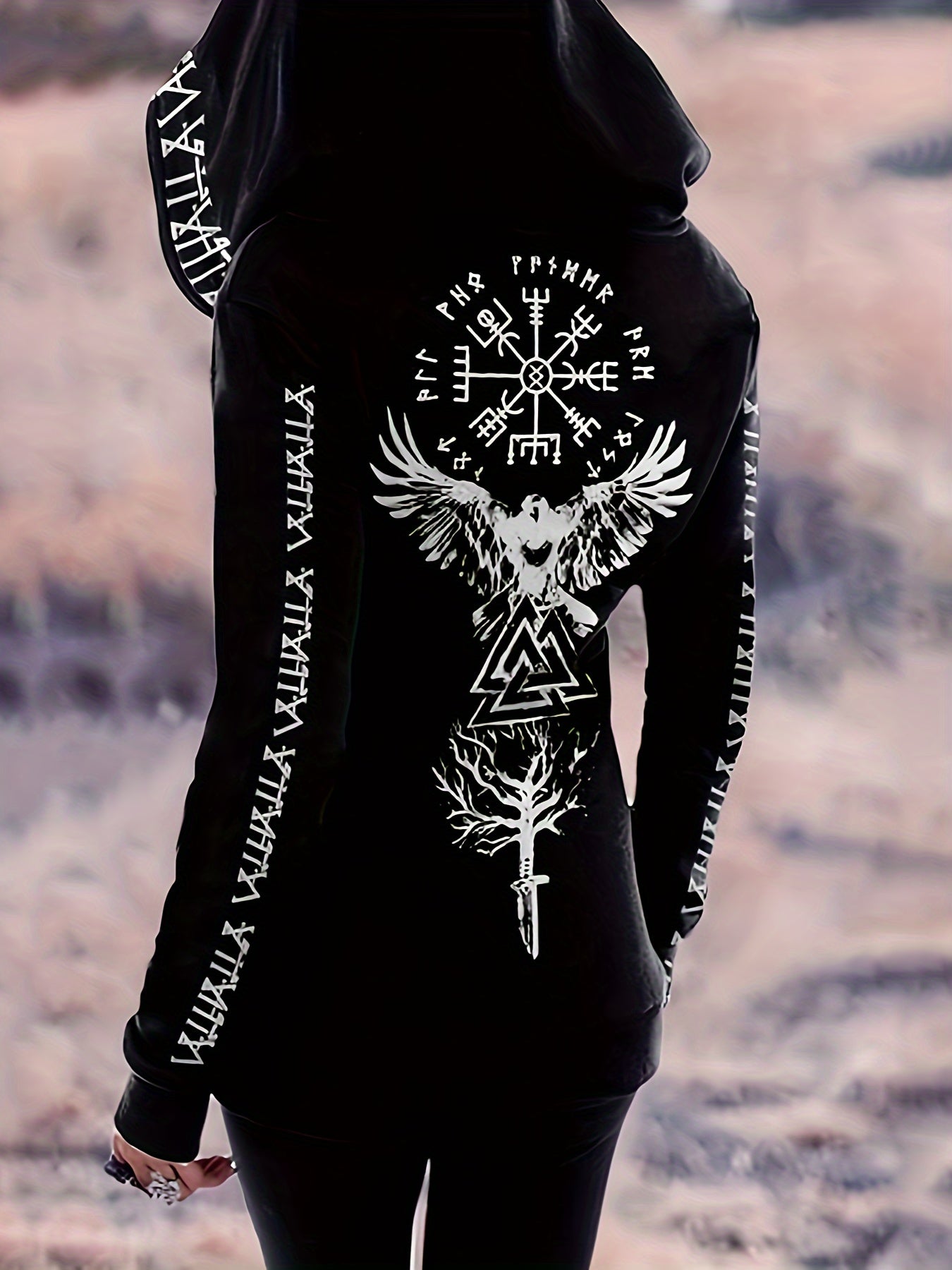 Viking Pattern Vintage Gothic Style Hoodie, Casual Zipper Long Sleeve Drawstring Hoodies Sweatshirt, Women's Clothing