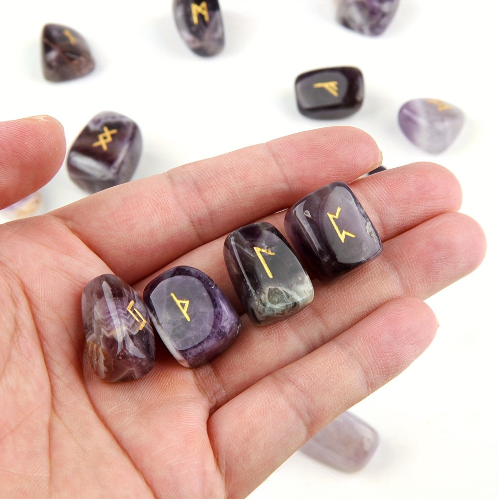25pcs Natural Amethyst Futhark Viking Rune Stone Set, Engraved Letter Norse Witchcraft Healing Crystal Reiki Gemstones Irregular Shaped