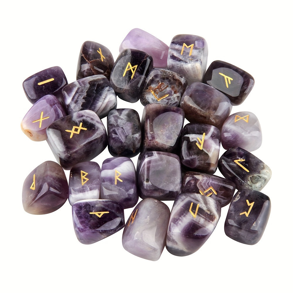 25pcs Natural Amethyst Futhark Viking Rune Stone Set, Engraved Letter Norse Witchcraft Healing Crystal Reiki Gemstones Irregular Shaped