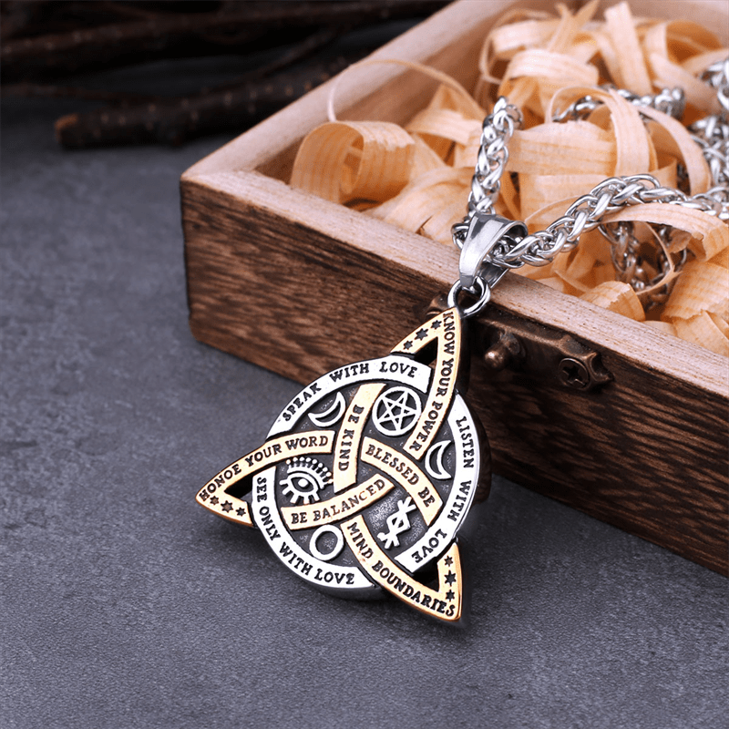 1pc Norse Viking Odin Trinity Pendant Necklace - Vintage Stainless Steel Amulet Jewelry for Men with Wooden Box