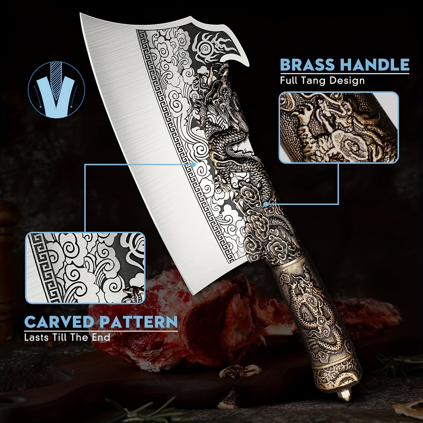 2lb Heavy Duty Dragon Butcher Knife - Chinese Chef's Cleaver for Meat Bone Cutting, 9.5" Big Viking Camping Chopper with Sheath, Perfect Birthday Father Mother Christmas Gift Idea for Men