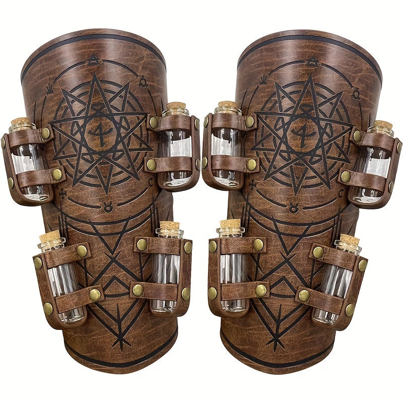 1pair Halloween Viking Pressed Flower PU Leather Arm Guards, Medieval Retro Knight Gloves