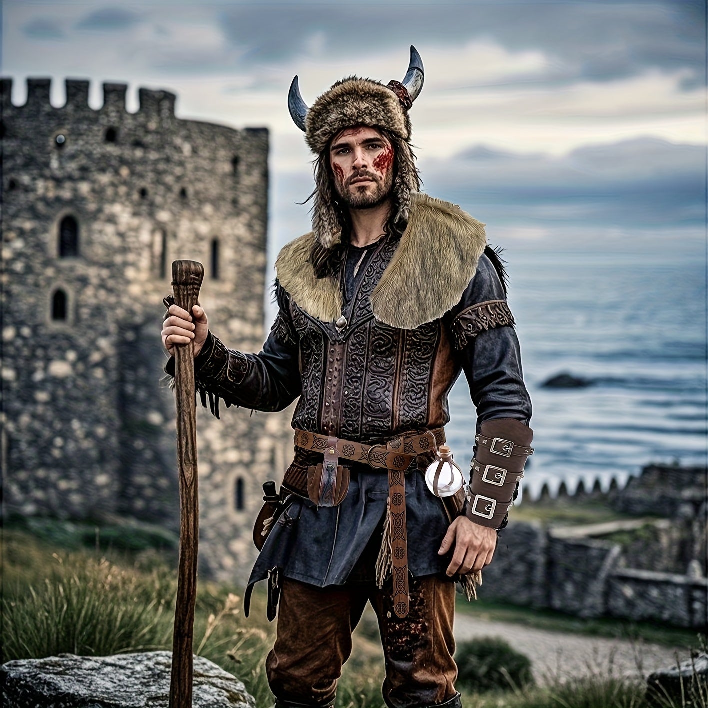 [Viking Costume Set] 6pcs Set Of Unisex Faux Fur Collar Viking Costume Outfit | Faux Fur Necktie, Faux Leather Belt, Gloves, Arm Bands - Medieval Viking Clothing, Renaissance King Warrior Cloak For Halloween LARP Role-playing