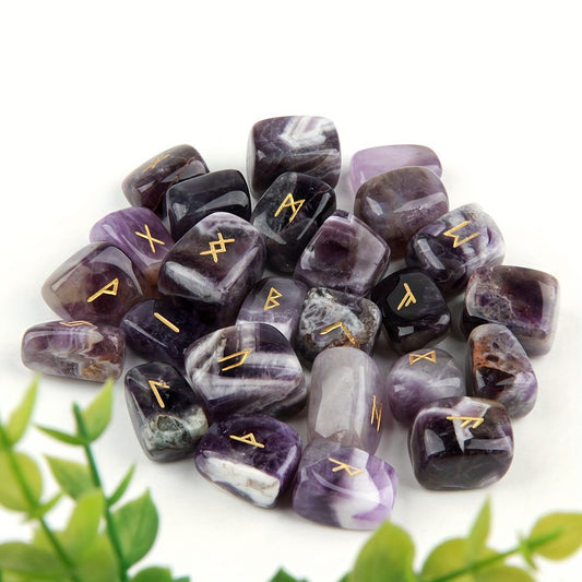 25pcs Natural Amethyst Futhark Viking Rune Stone Set, Engraved Letter Norse Witchcraft Healing Crystal Reiki Gemstones Irregular Shaped