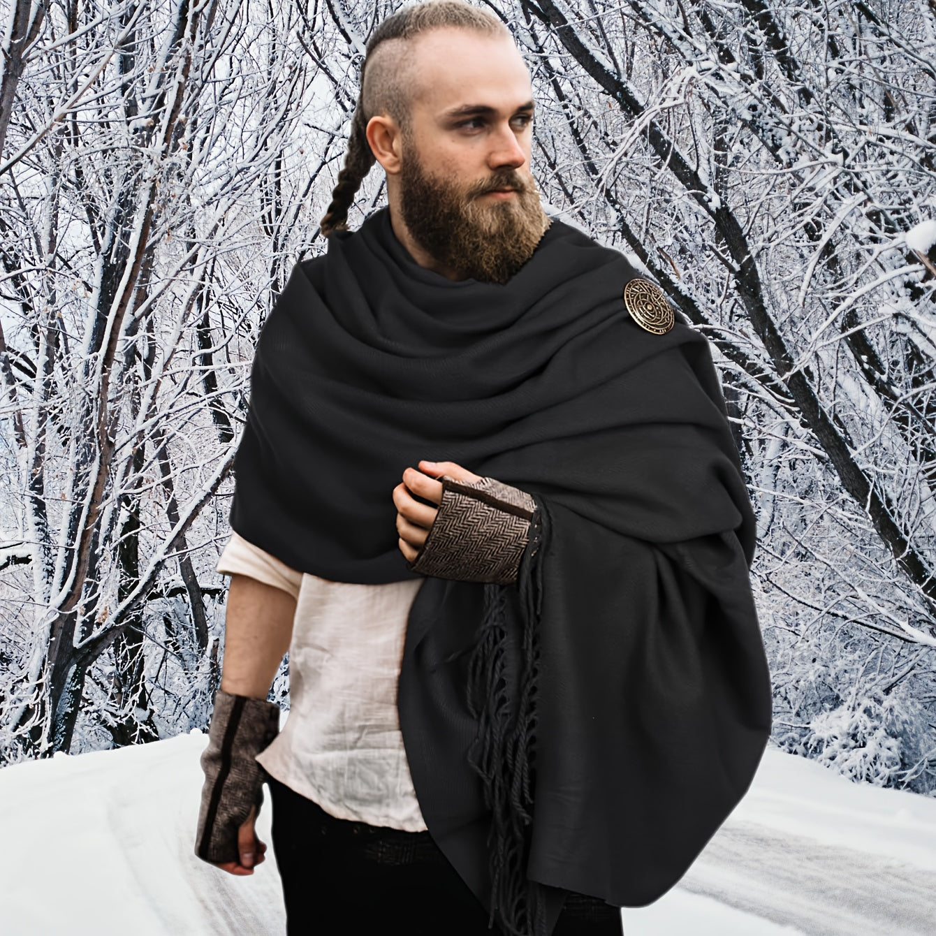 L'VOW Authentic Red Medieval Half Shoulder Cape with Viking Brooch - Durable Polyester, Fringe Detail, Perfect for Men & Women Halloween Cosplay & Renaissance Fairs, Halloween Costumes