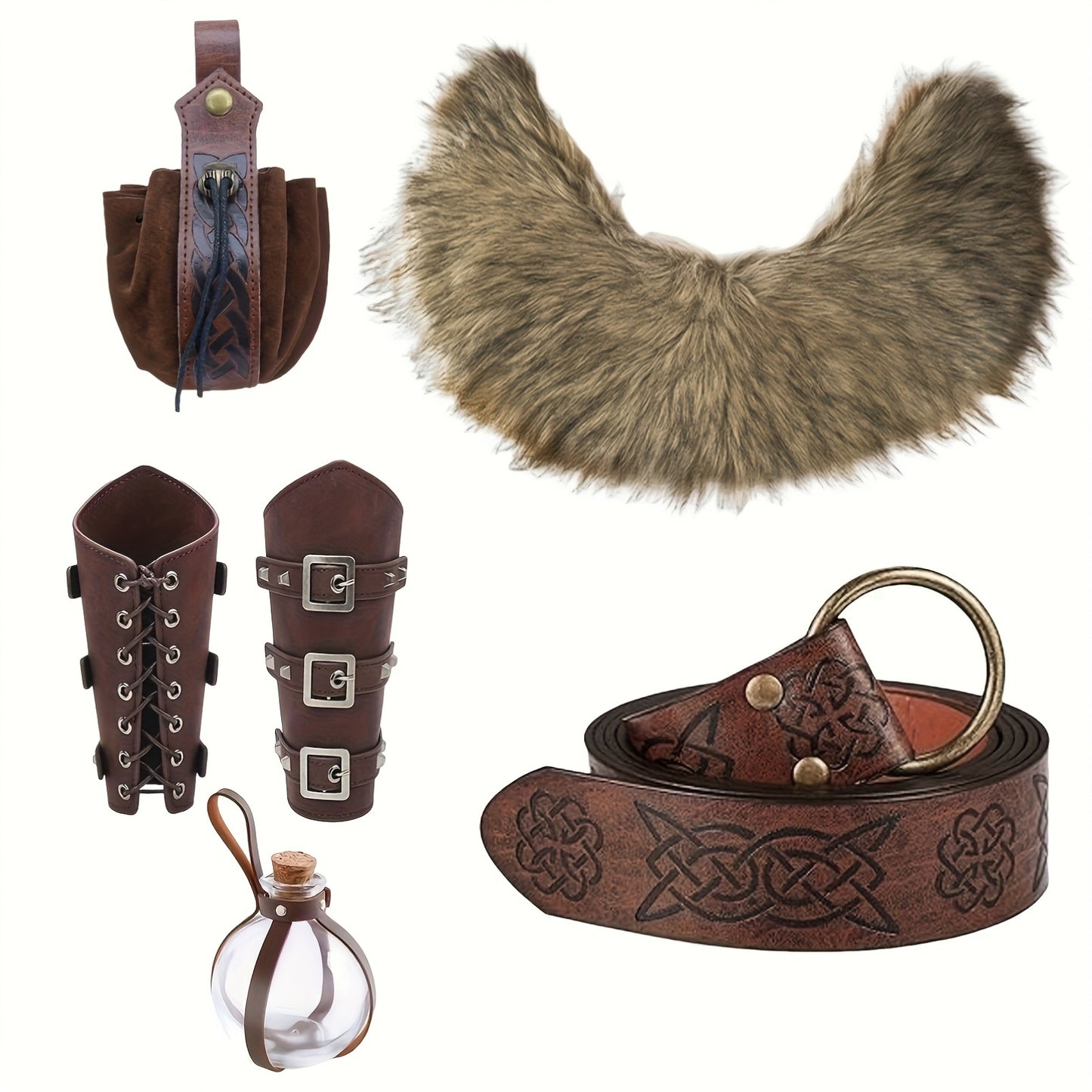 [Viking Costume Set] 6pcs Set Of Unisex Faux Fur Collar Viking Costume Outfit | Faux Fur Necktie, Faux Leather Belt, Gloves, Arm Bands - Medieval Viking Clothing, Renaissance King Warrior Cloak For Halloween LARP Role-playing