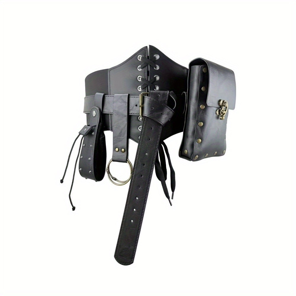 Medieval Viking Knight PU Leather Belt-Fedora Style Waist Bag - Adjustable Buckle Strap, Buckles & Buckler-Like Plate - Renaissance Faire, Viking Cosplay, Historical Costume Accessory (Unisex) - Durable PU Leather (Not Plate,