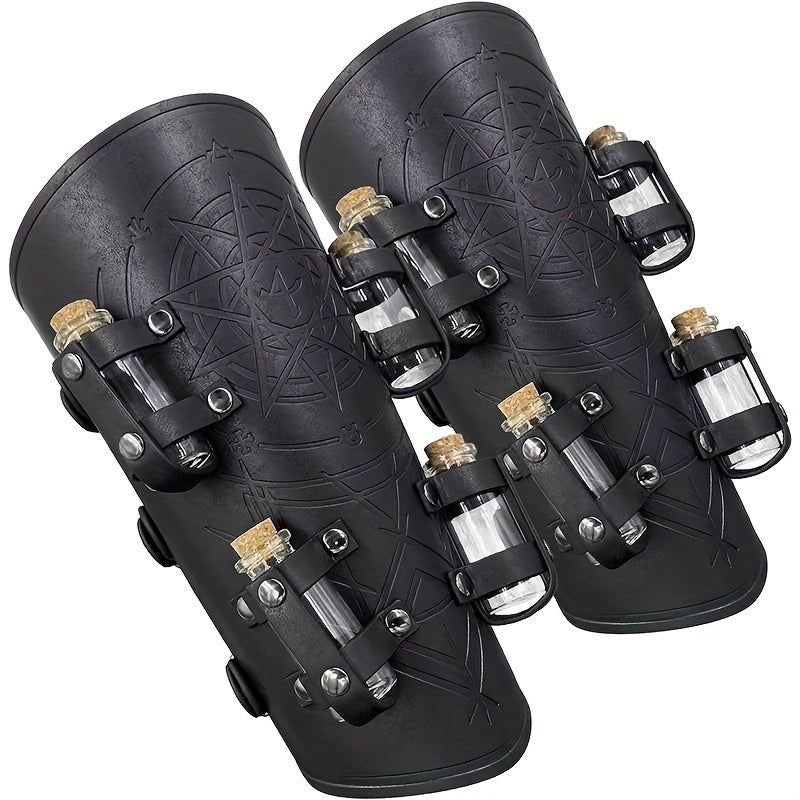 1pair Halloween Viking Pressed Flower PU Leather Arm Guards, Medieval Retro Knight Gloves