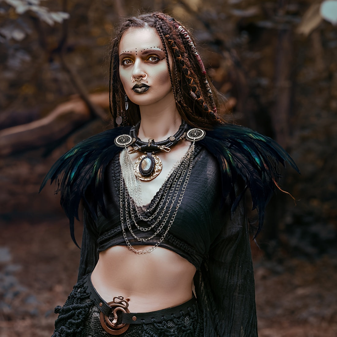 1pc Viking-Inspired Feather Shawl for Women - Black with Golden Accents, Artificial Feather Cape for Halloween, Party, and Cosplay Costumes, Polyester, Hand Washable, Halloween Costume | Feathered Cape | Knitted Texture, Viki