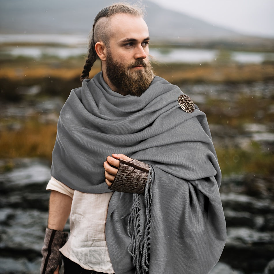 L'VOW Authentic Red Medieval Half Shoulder Cape with Viking Brooch - Durable Polyester, Fringe Detail, Perfect for Men & Women Halloween Cosplay & Renaissance Fairs, Halloween Costumes