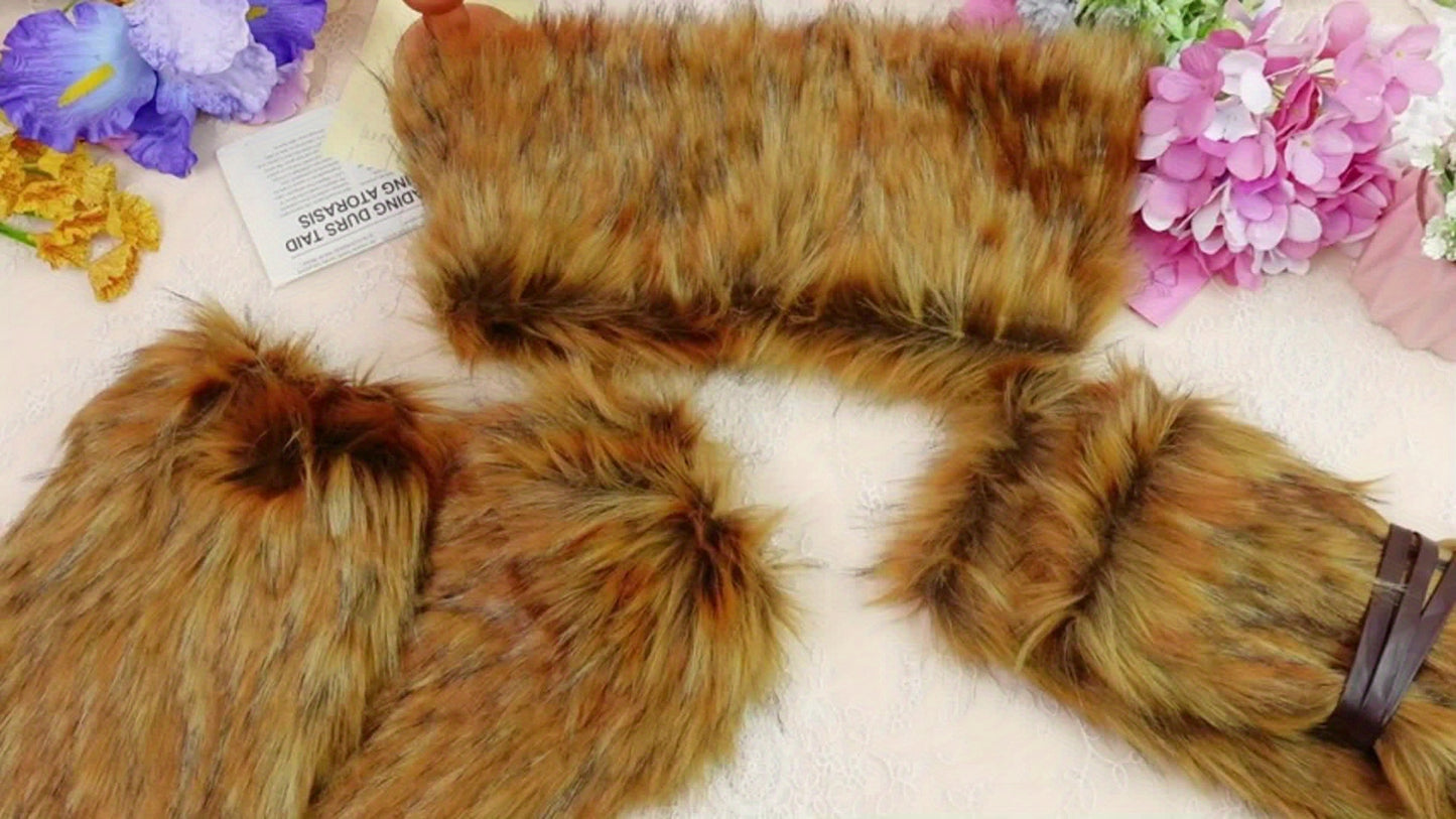 5pcs Viking Deluxe Faux Fur Accessories Set - Luxurious Collar, Leg & Hand Warmers - Authentic Style for Halloween Costume, Cosplay Events