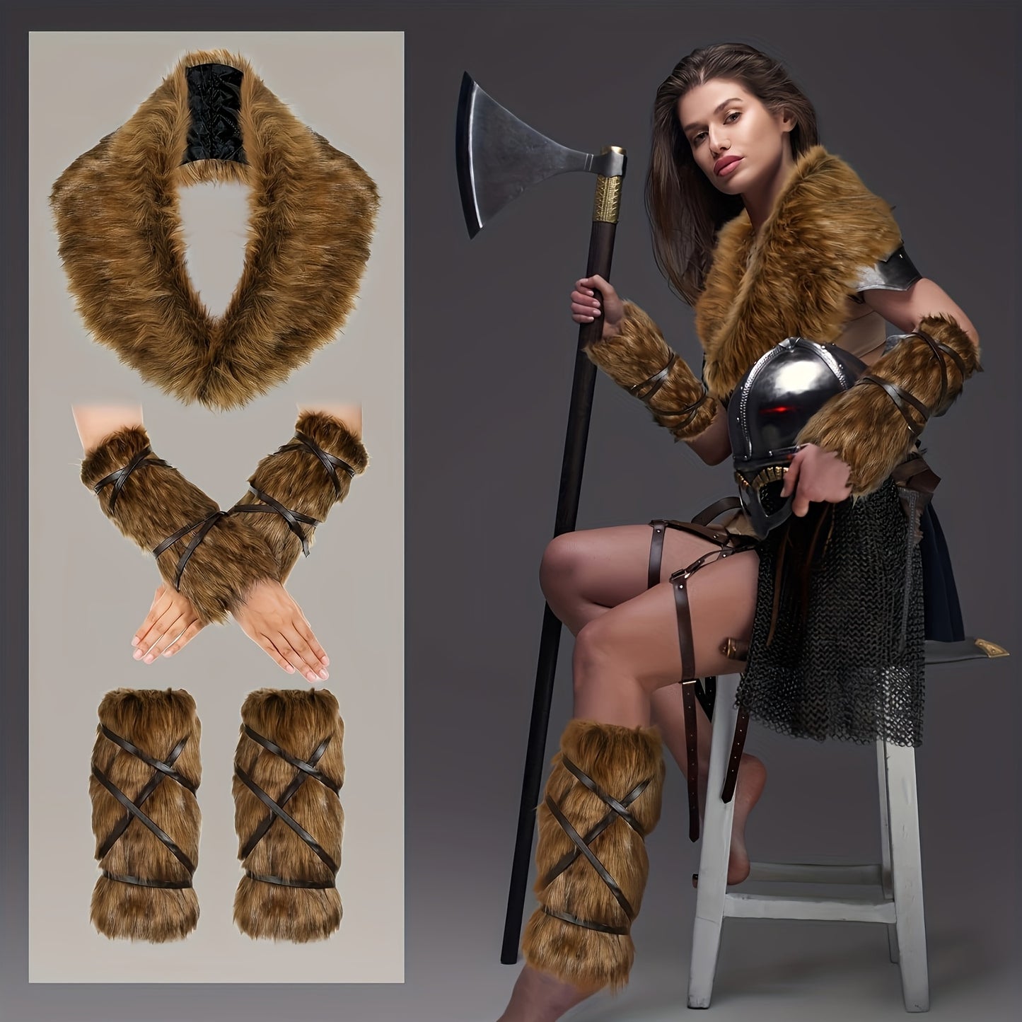 5pcs Viking Deluxe Faux Fur Accessories Set - Luxurious Collar, Leg & Hand Warmers - Authentic Style for Halloween Costume, Cosplay Events