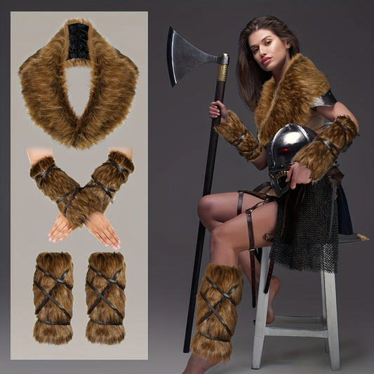 5pcs Viking Deluxe Faux Fur Accessories Set - Luxurious Collar, Leg & Hand Warmers - Authentic Style for Halloween Costume, Cosplay Events
